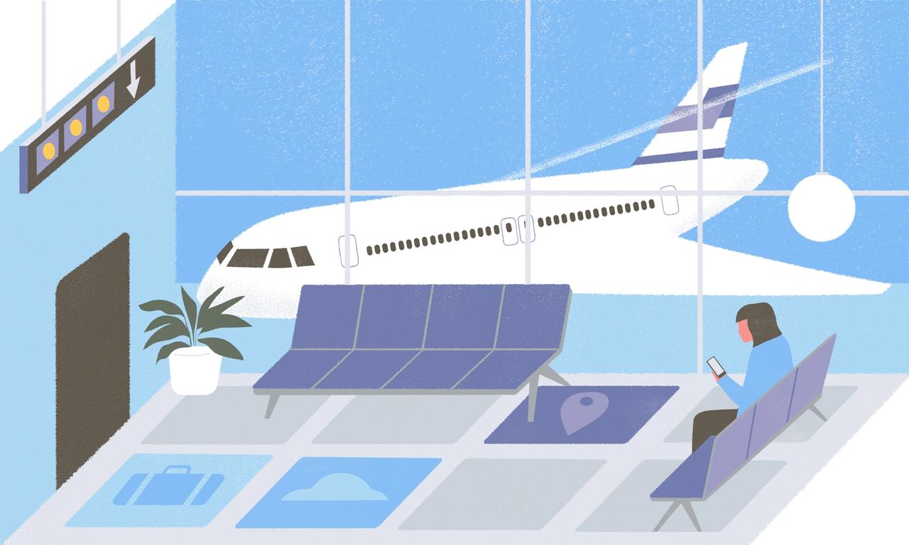 Illustration of airport departure lounge for New York Times, person using travel apps on mobile