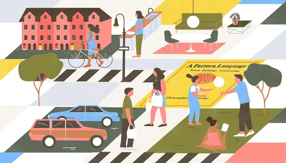 City illustration with A Pattern Language by Christopher Alexander. Community of people doing activities around the city scape with crosswalks connecting them