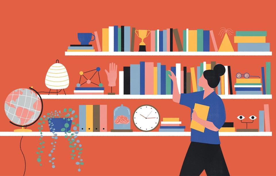 Illustration of woman choosing book from bookshelves filled with decorative objects in mid-century style