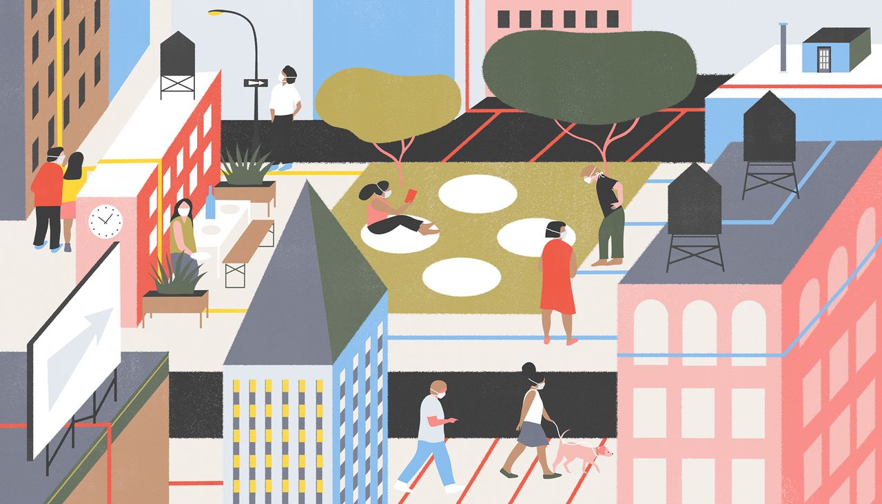 Illustration of New York city buildings with people navigating pandemic restrictions. 