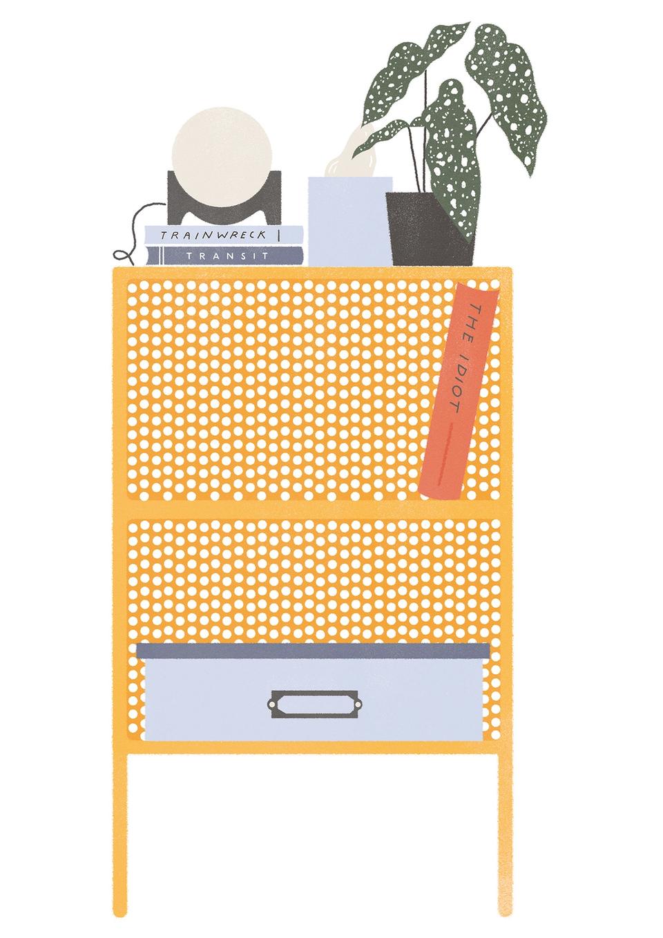 Illustration of furniture, nightstand with books, lamp and begonia plant