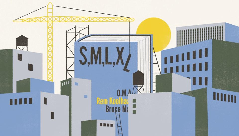 Illustration of Rem Koolhaas S,M,L,XL book among city skyscraper buildings with construction crane lowering letters into place