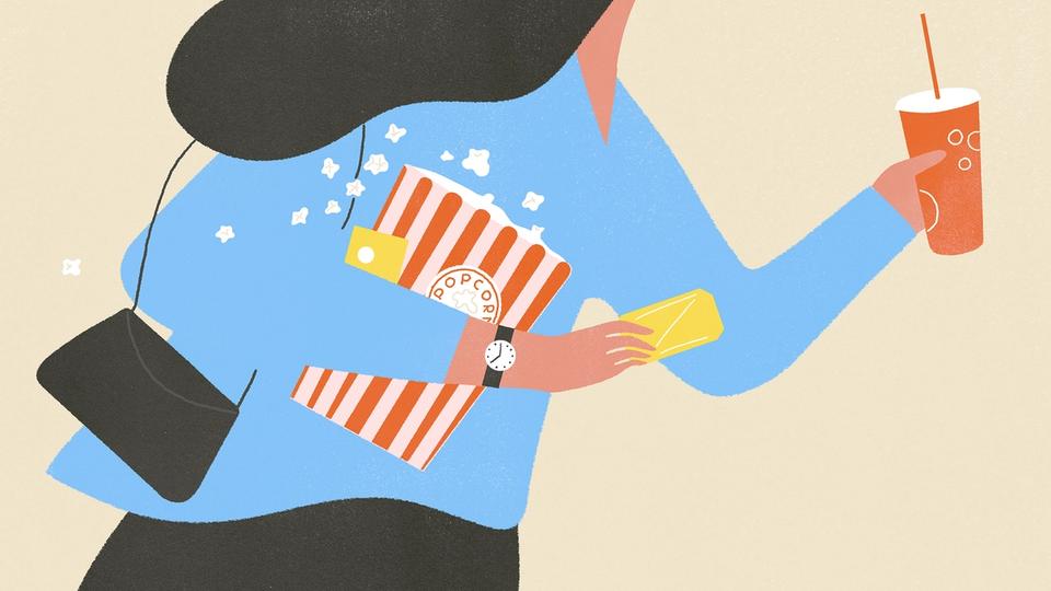 Illustration of person rushing to film in movie theatre holding ticket, popcorn and drink