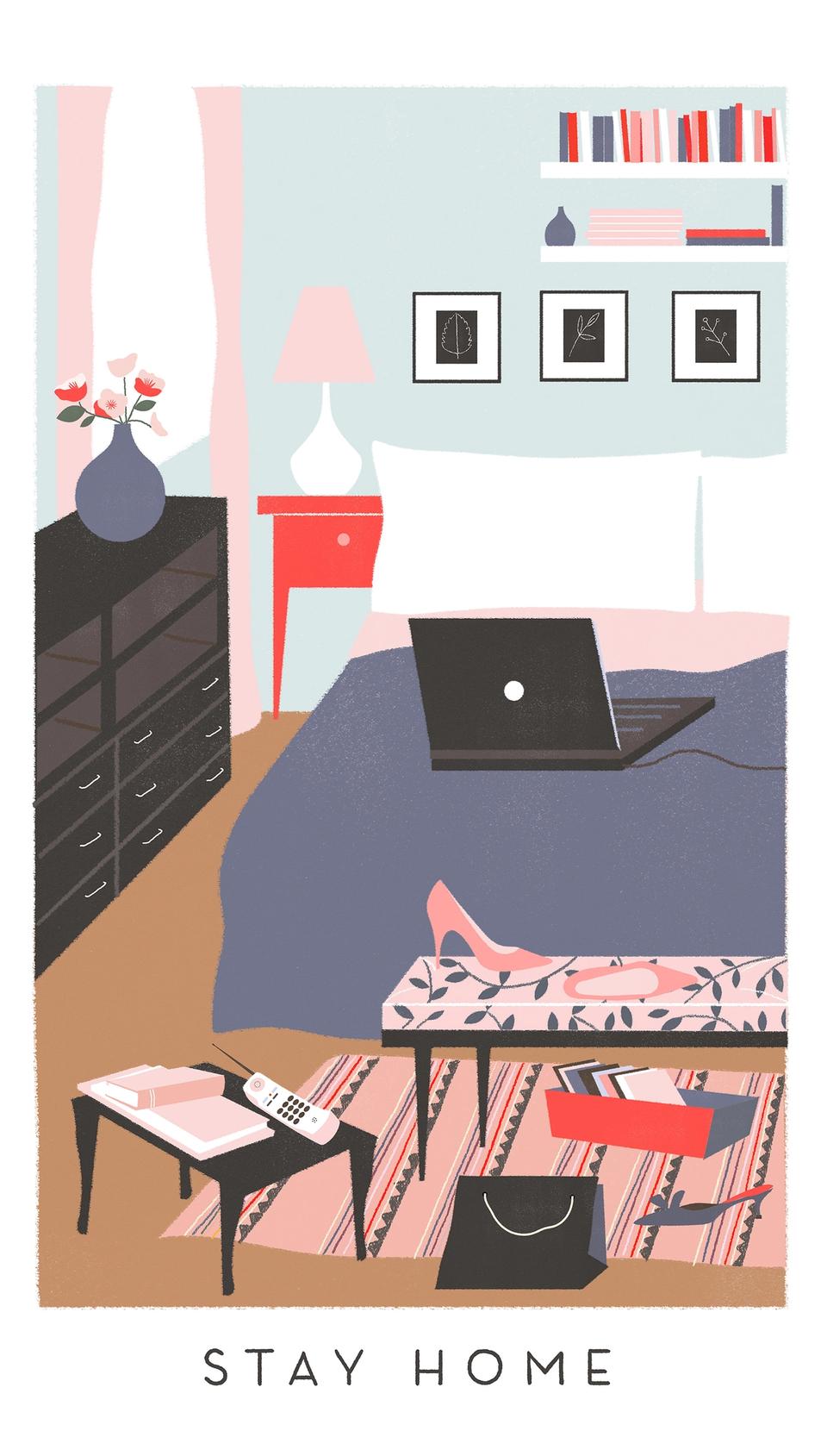 Illustration of Carrie Bradshaw New York apartment interior, from TV show Sex and the City