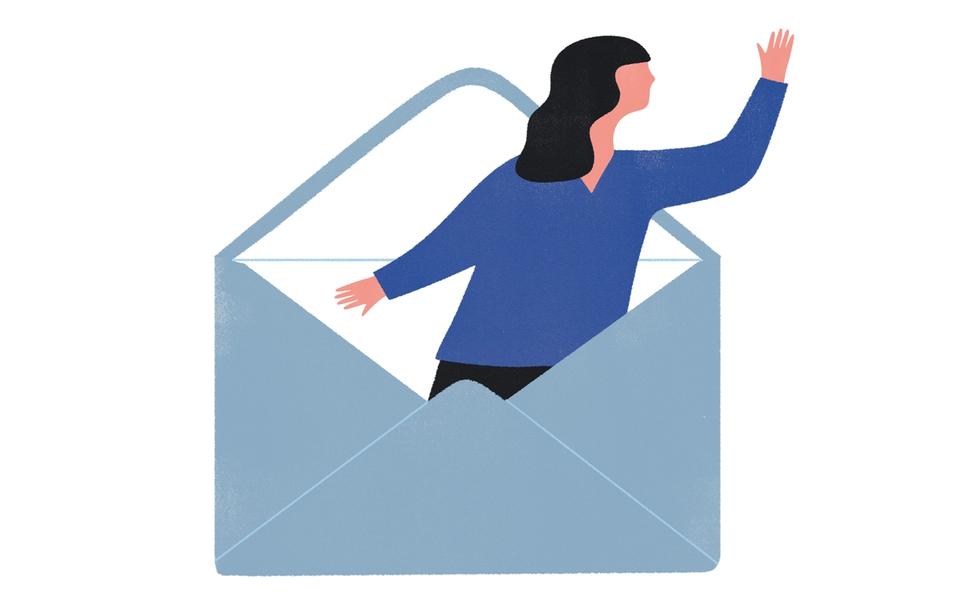 Illustration of woman jumping out from email envelope waving hello