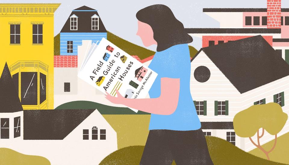 Illustration of woman reading A Field Guide to American Houses by Virginia McAlester while walking through neighborhood showing different styles of houses and architecture