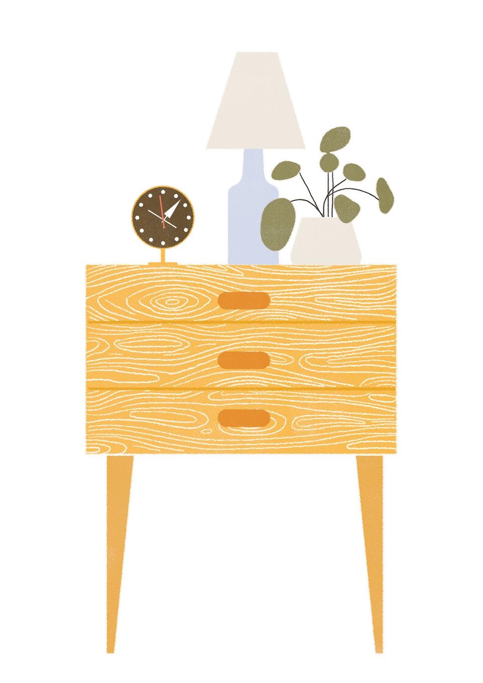 Illustration of mid-century style nightstand with lamp, Vitra Nelson clock and peperomia plantpeper