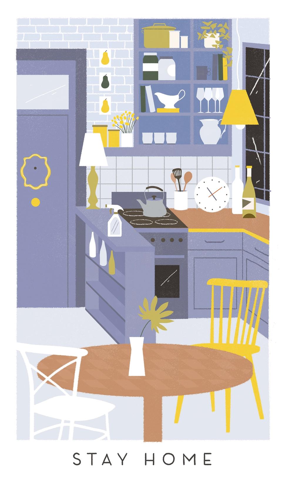 Illustration of Monica from Friends purple apartment kitchen and door